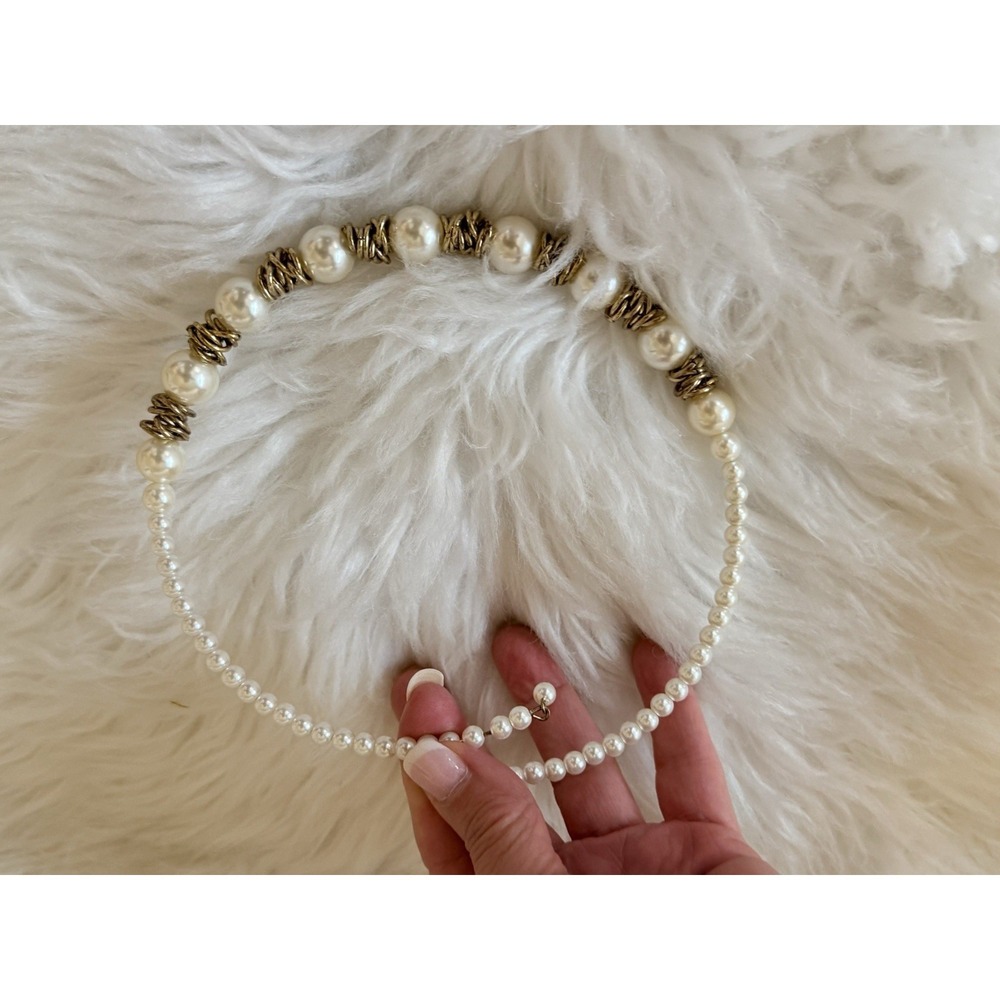 Faux Pearl Choker Necklace Bridal‎ Head Piece Antique Gold Tone Vintage One Size - Picture 3 of 16